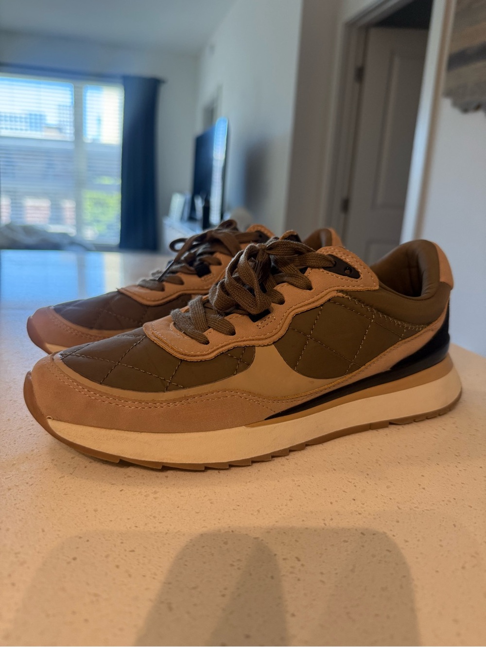 Zara Olive Green & Tan Quilted Women’s Sneakers